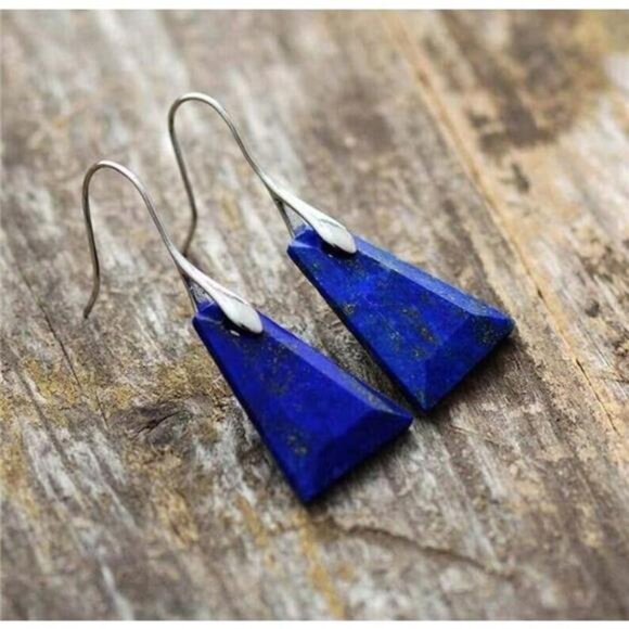 Natural Real Lapis Lazuli Handmade Women Healing Stress Relief Dangle Earrings - Picture 4 of 5